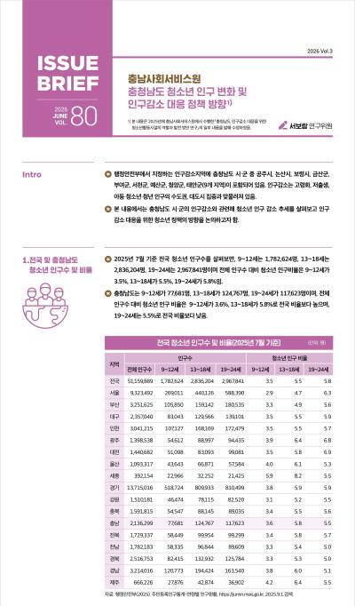 NO.80(2026. Vol.3) 충청남도 청소년 인구 변화 및 인구감소 대응 정책 방향